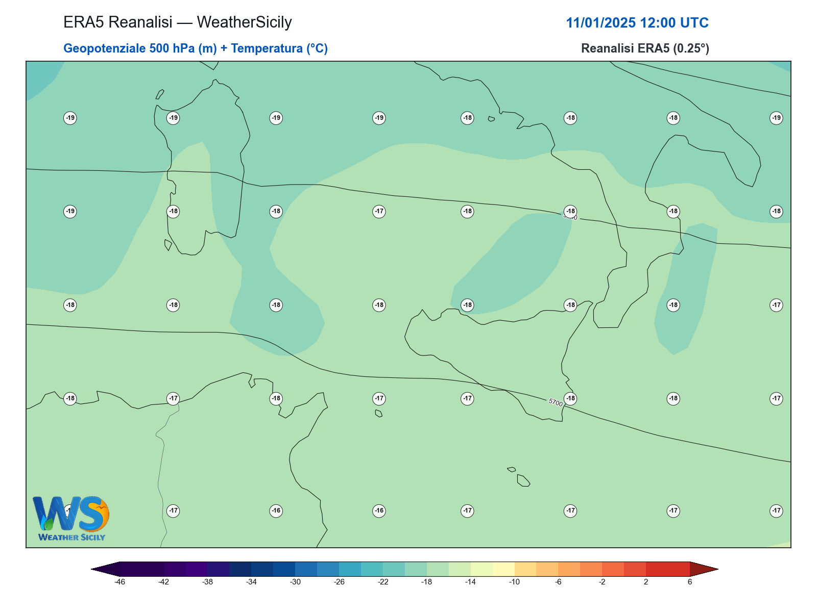 Geopotenziale 500 hPa + Temperatura · 2025011112