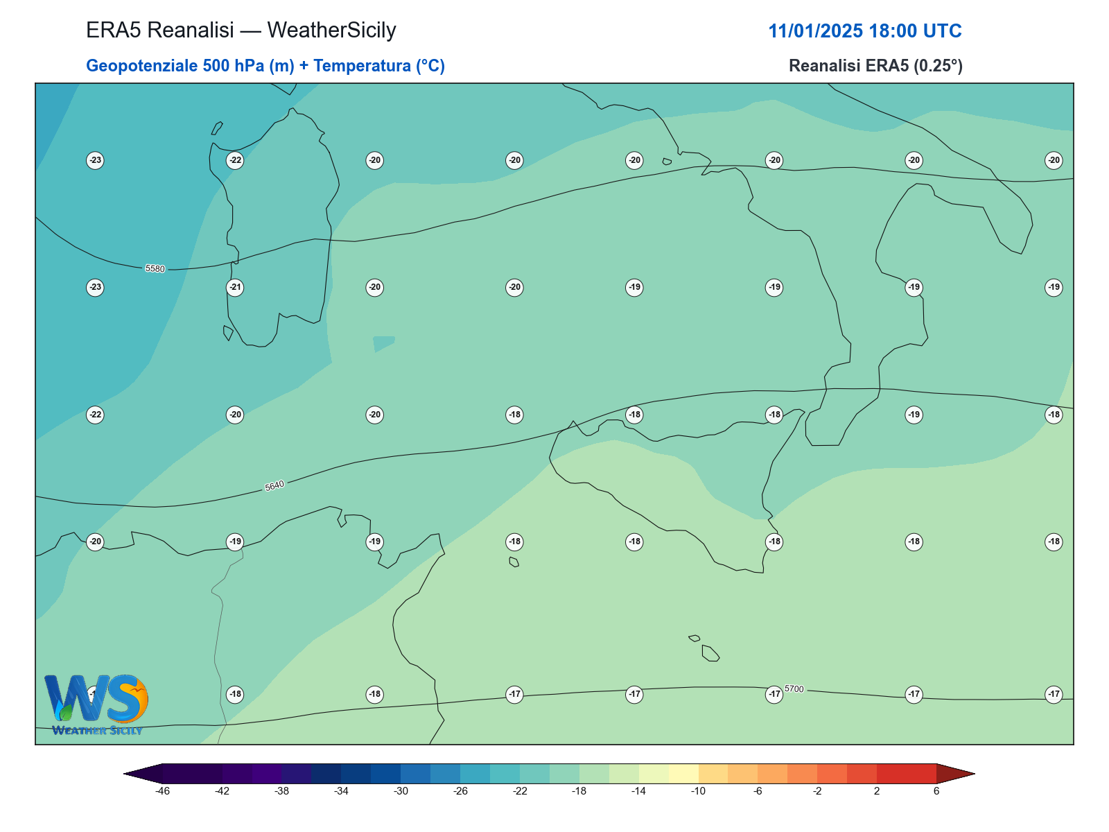 Geopotenziale 500 hPa + Temperatura · 2025011118