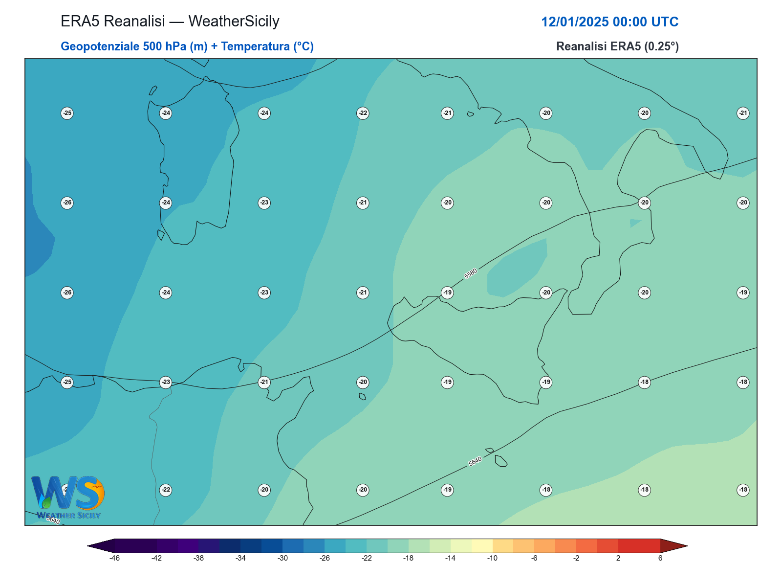 Geopotenziale 500 hPa + Temperatura · 2025011200
