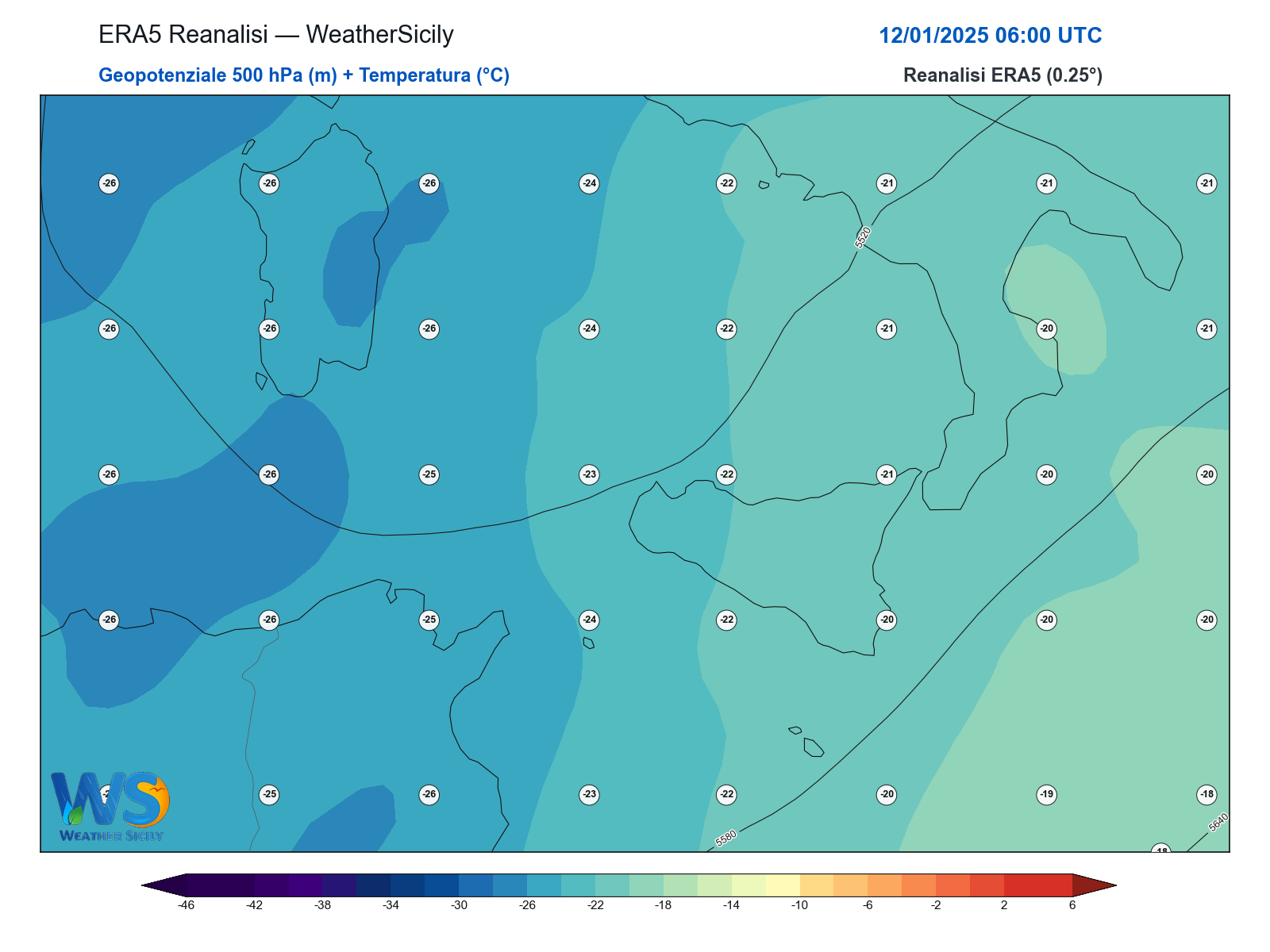 Geopotenziale 500 hPa + Temperatura · 2025011206