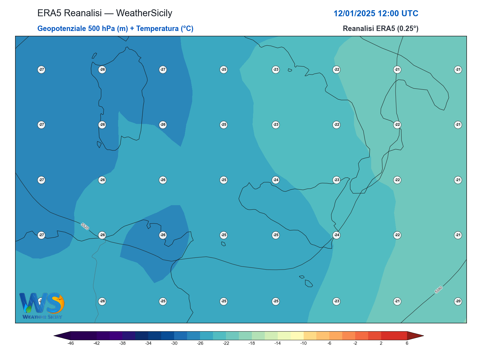 Geopotenziale 500 hPa + Temperatura · 2025011212