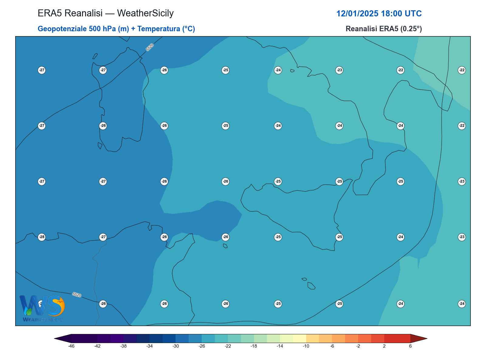 Geopotenziale 500 hPa + Temperatura · 2025011218