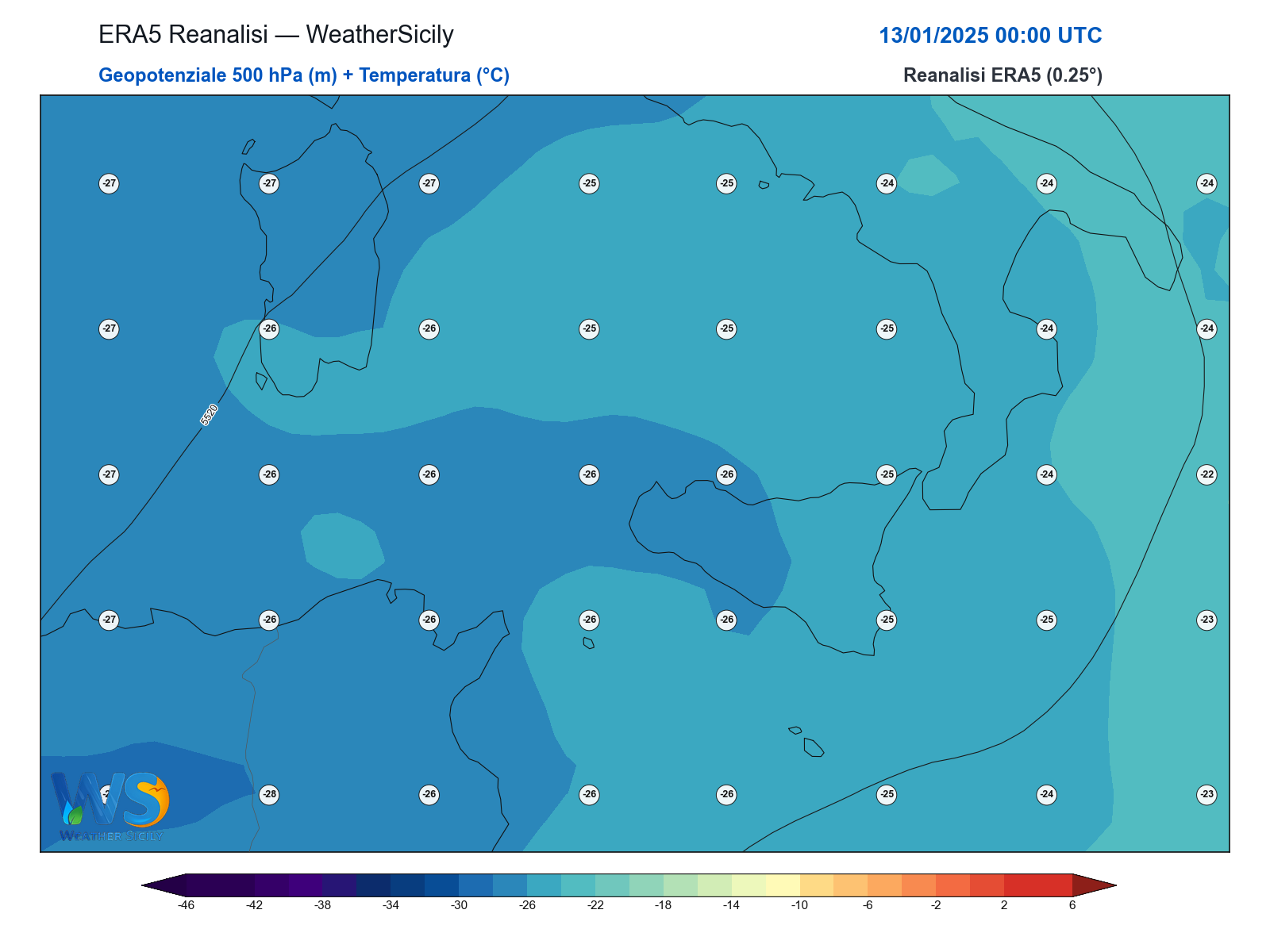 Geopotenziale 500 hPa + Temperatura · 2025011300