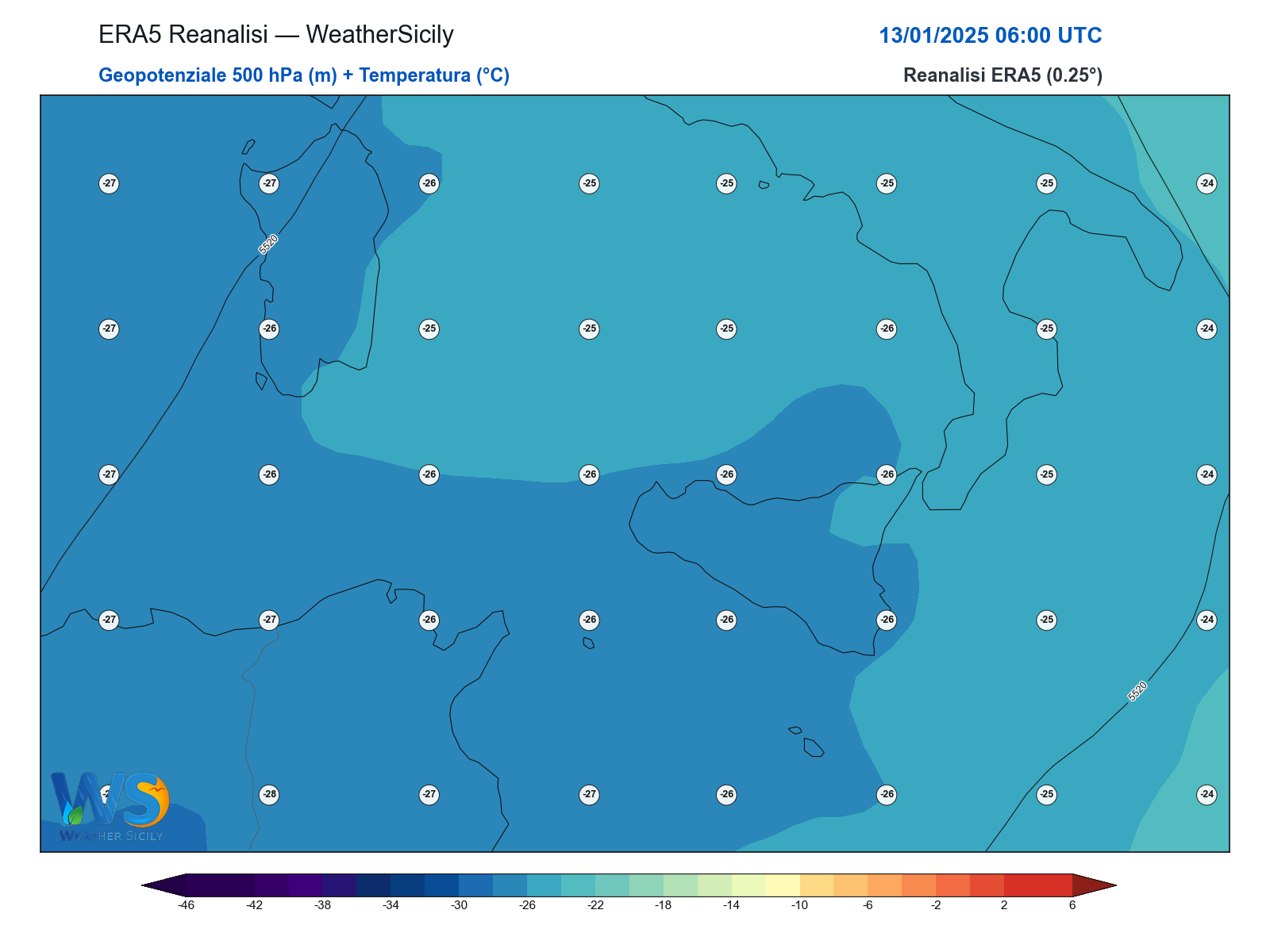 Geopotenziale 500 hPa + Temperatura · 2025011306