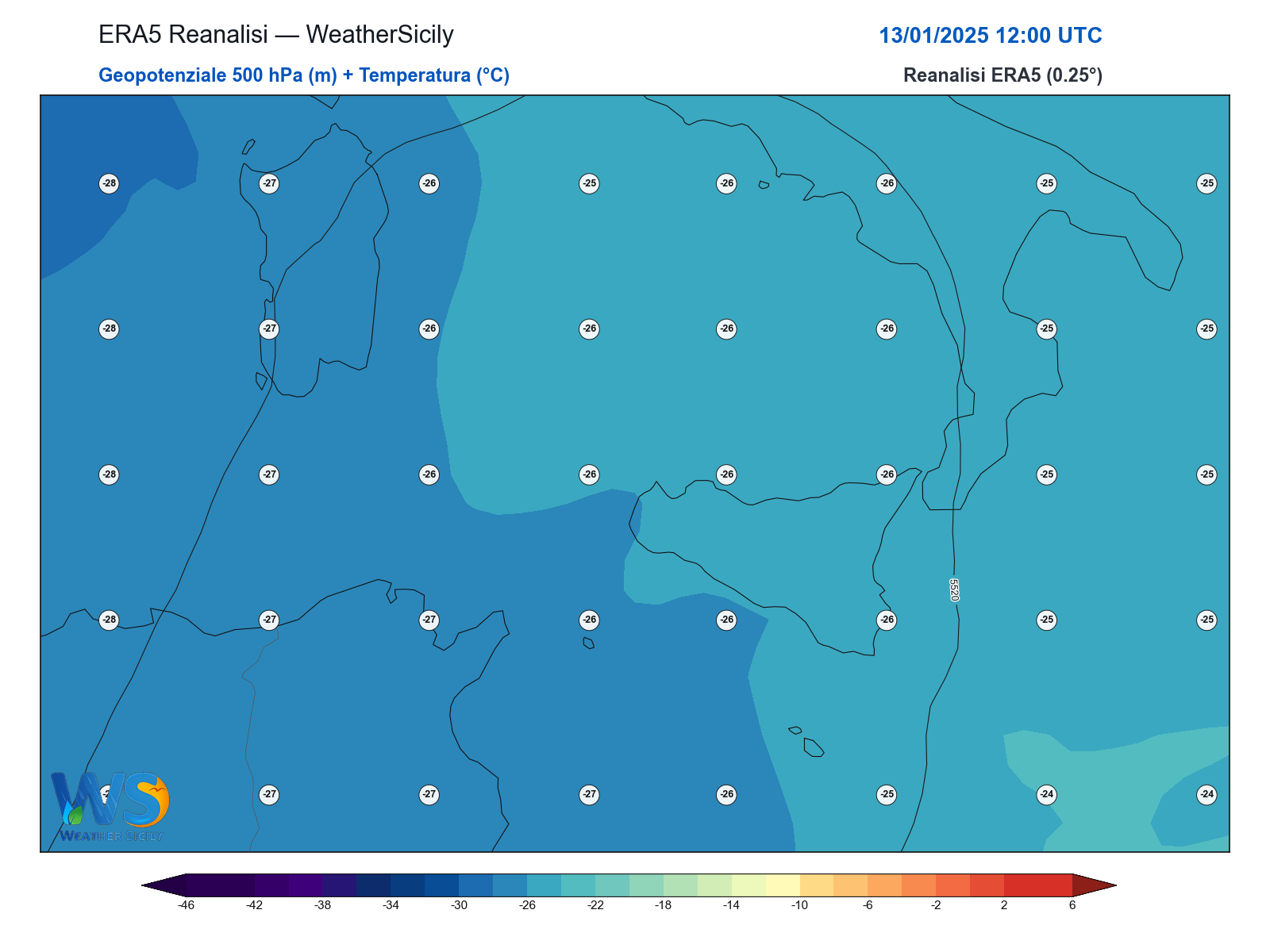 Geopotenziale 500 hPa + Temperatura · 2025011312