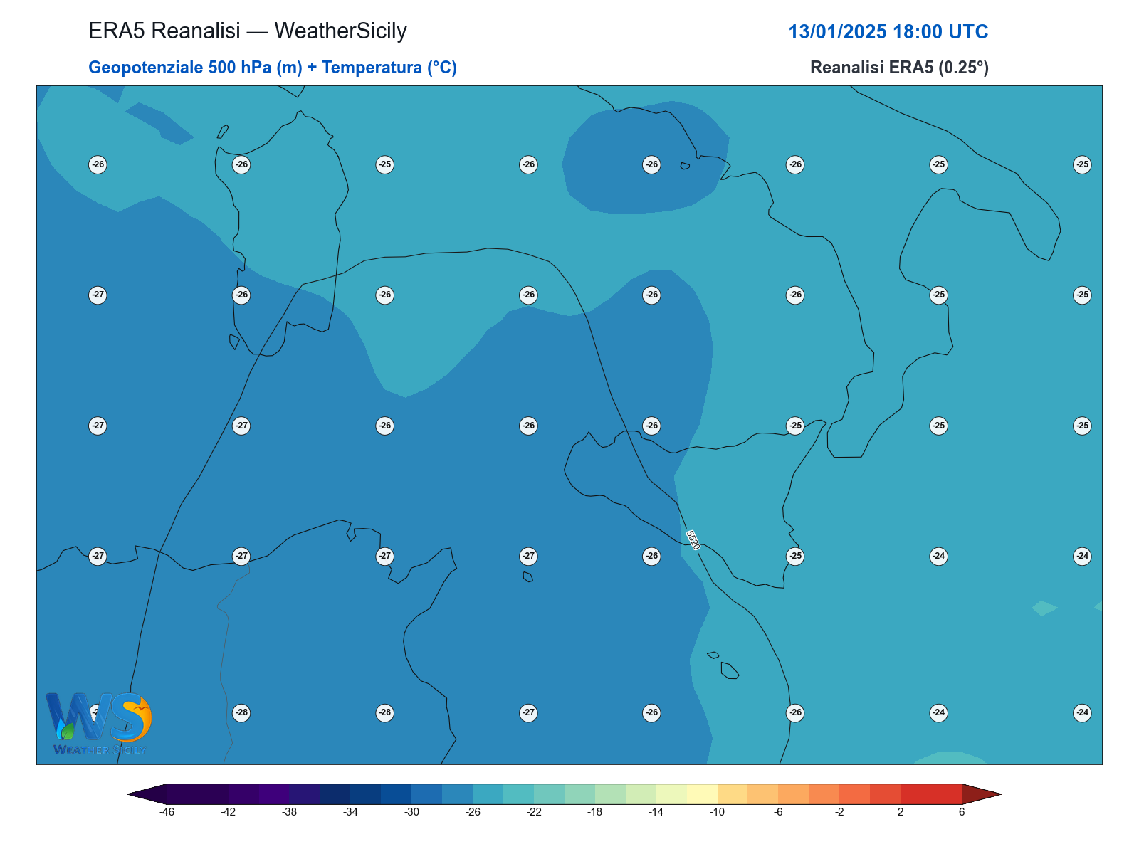 Geopotenziale 500 hPa + Temperatura · 2025011318