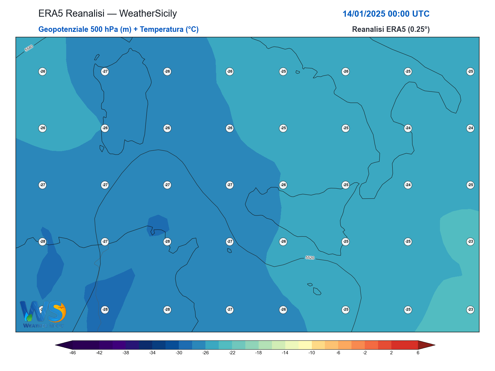 Geopotenziale 500 hPa + Temperatura · 2025011400