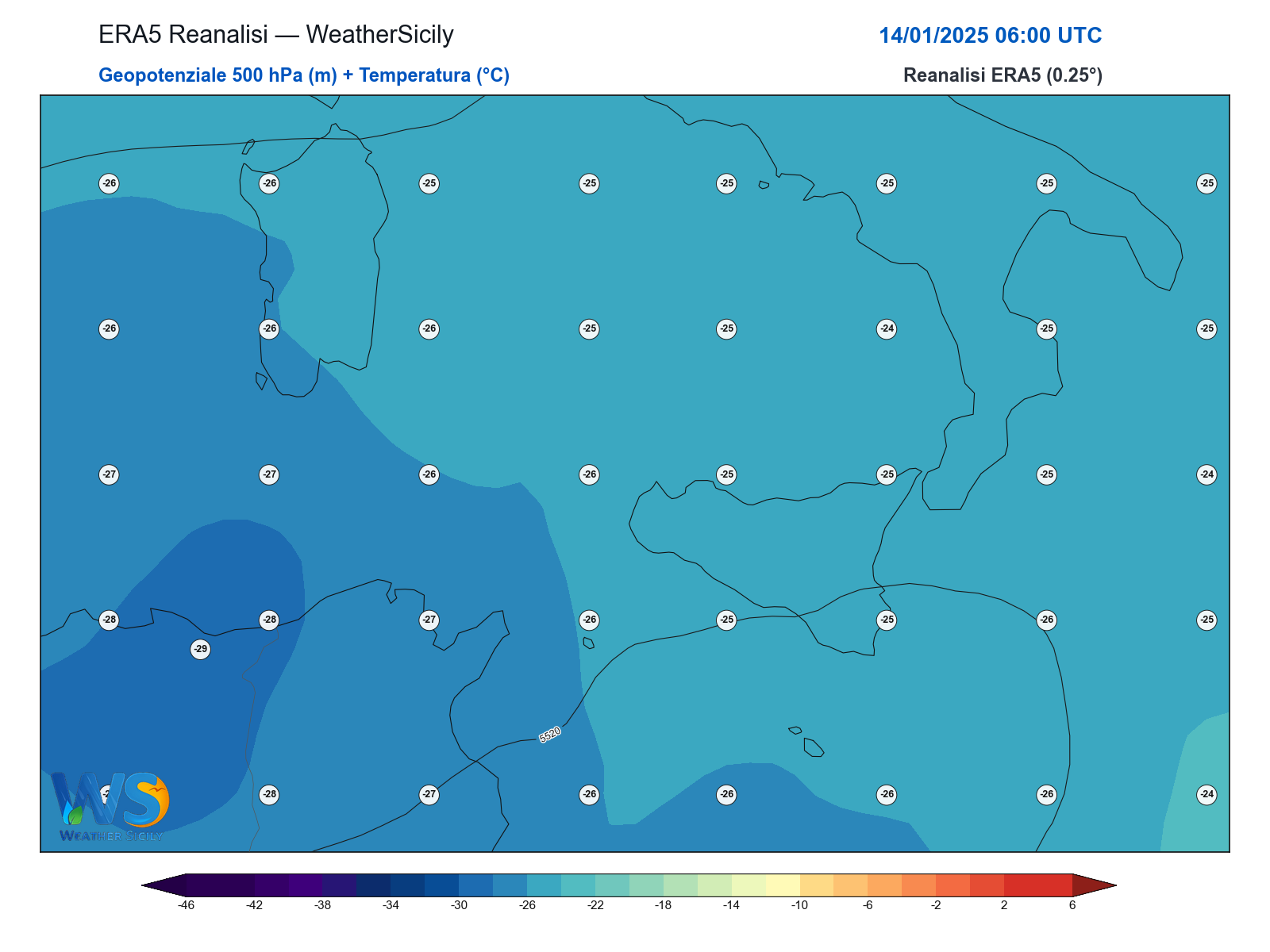 Geopotenziale 500 hPa + Temperatura · 2025011406