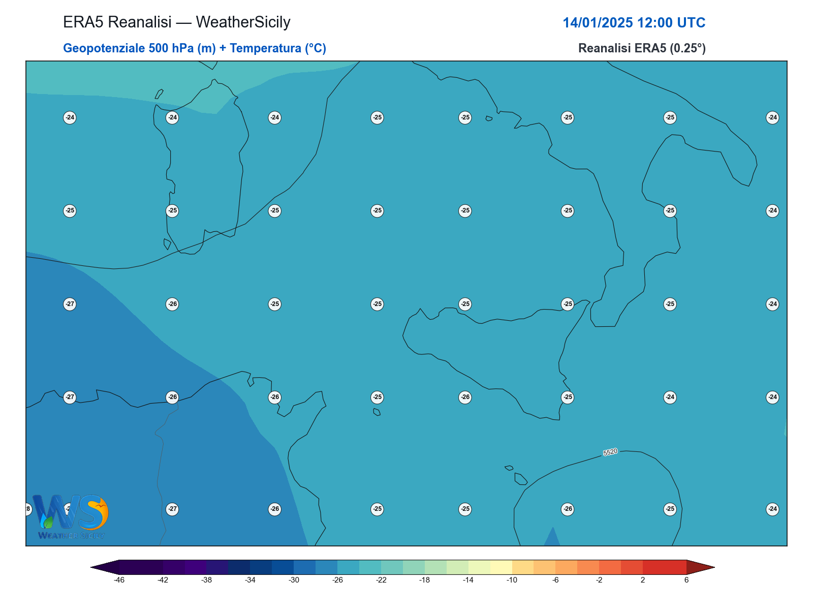Geopotenziale 500 hPa + Temperatura · 2025011412