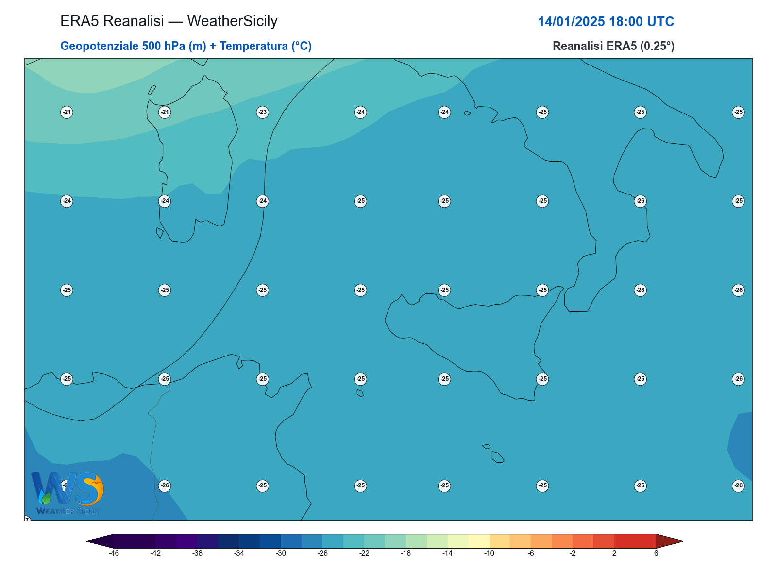 Geopotenziale 500 hPa + Temperatura · 2025011418