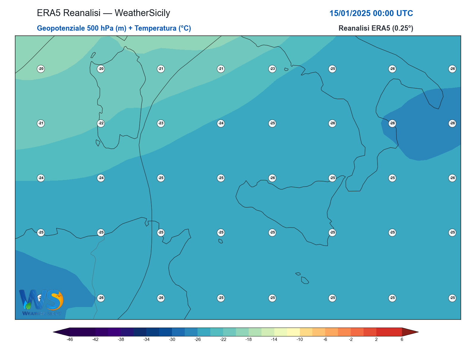 Geopotenziale 500 hPa + Temperatura · 2025011500