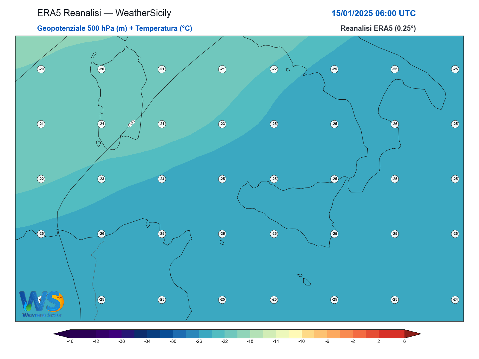 Geopotenziale 500 hPa + Temperatura · 2025011506