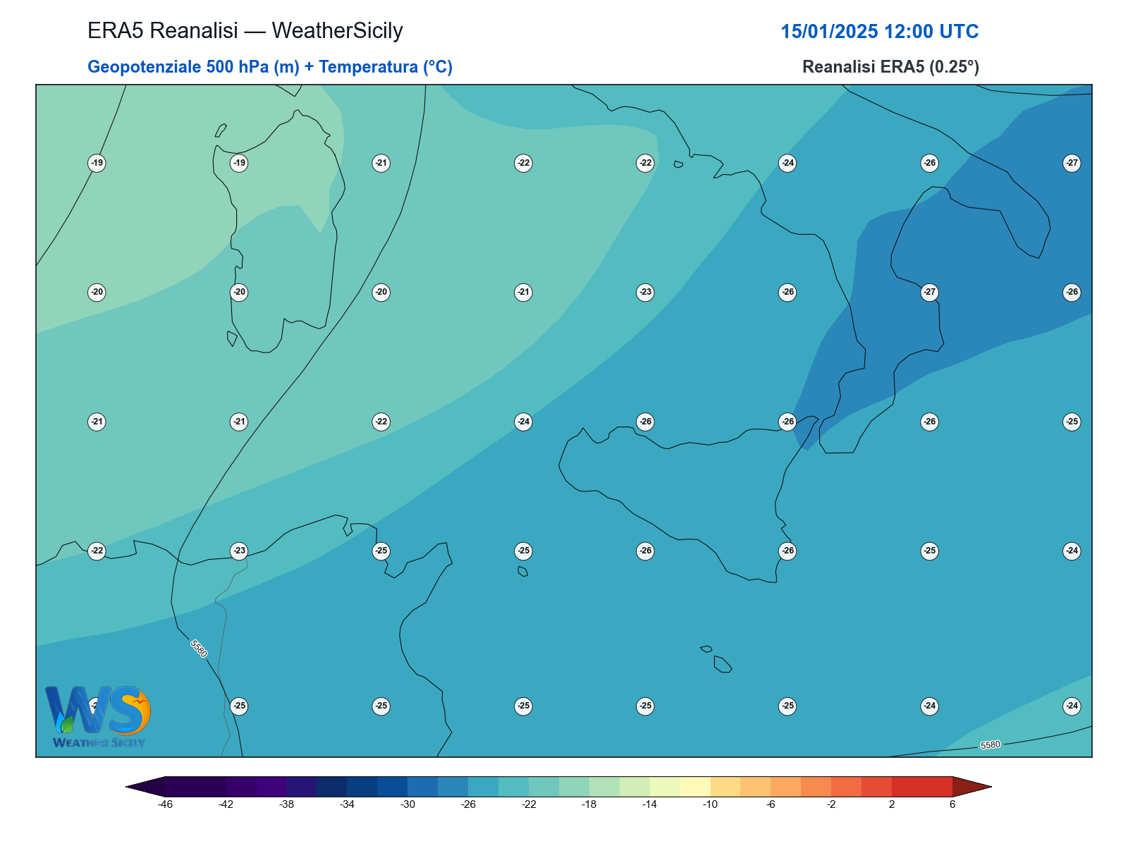 Geopotenziale 500 hPa + Temperatura · 2025011512