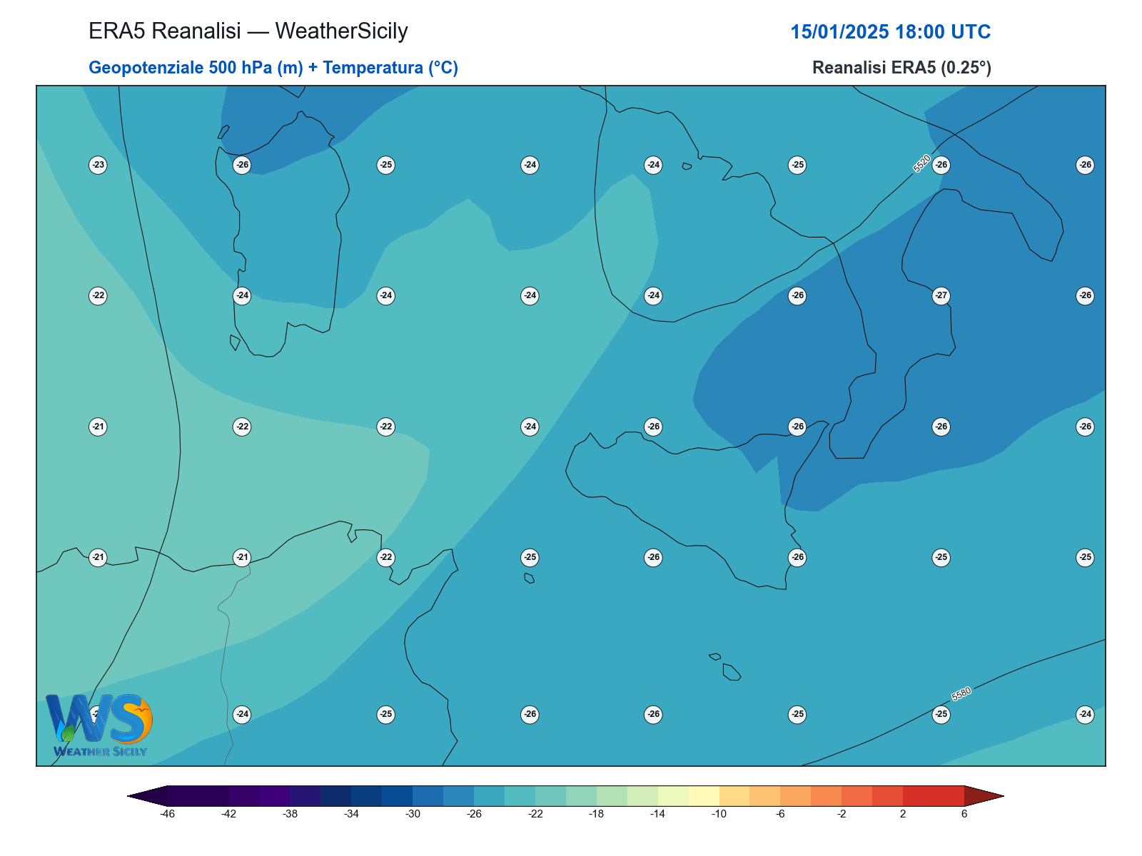 Geopotenziale 500 hPa + Temperatura · 2025011518