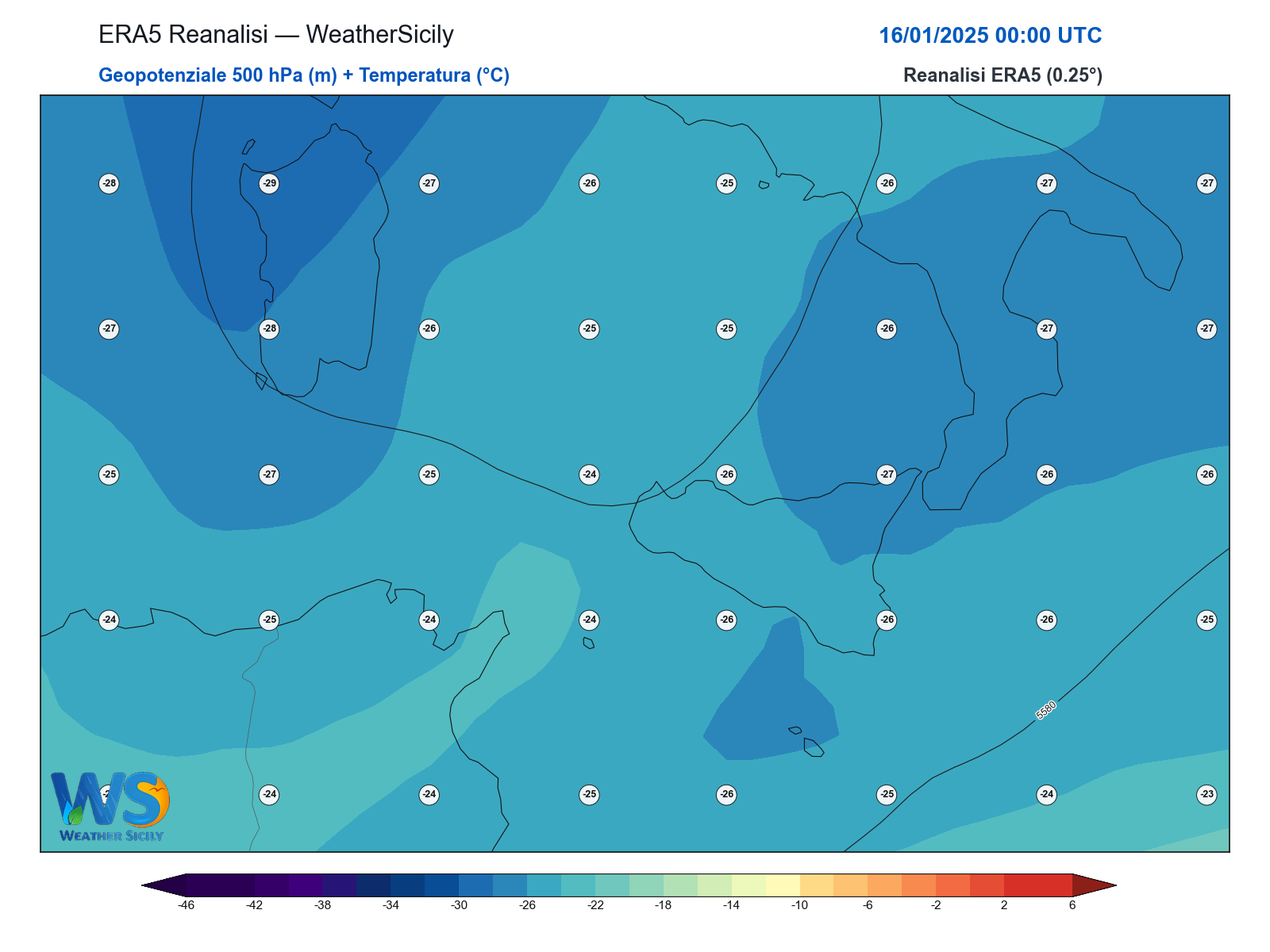 Geopotenziale 500 hPa + Temperatura · 2025011600