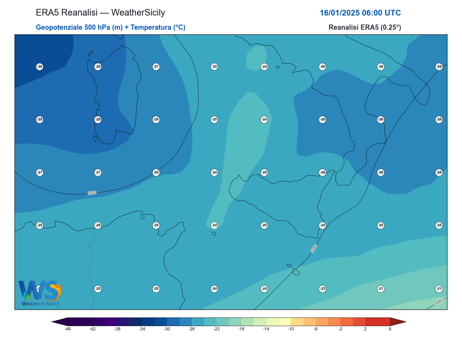 Geopotenziale 500 hPa + Temperatura · 2025011606