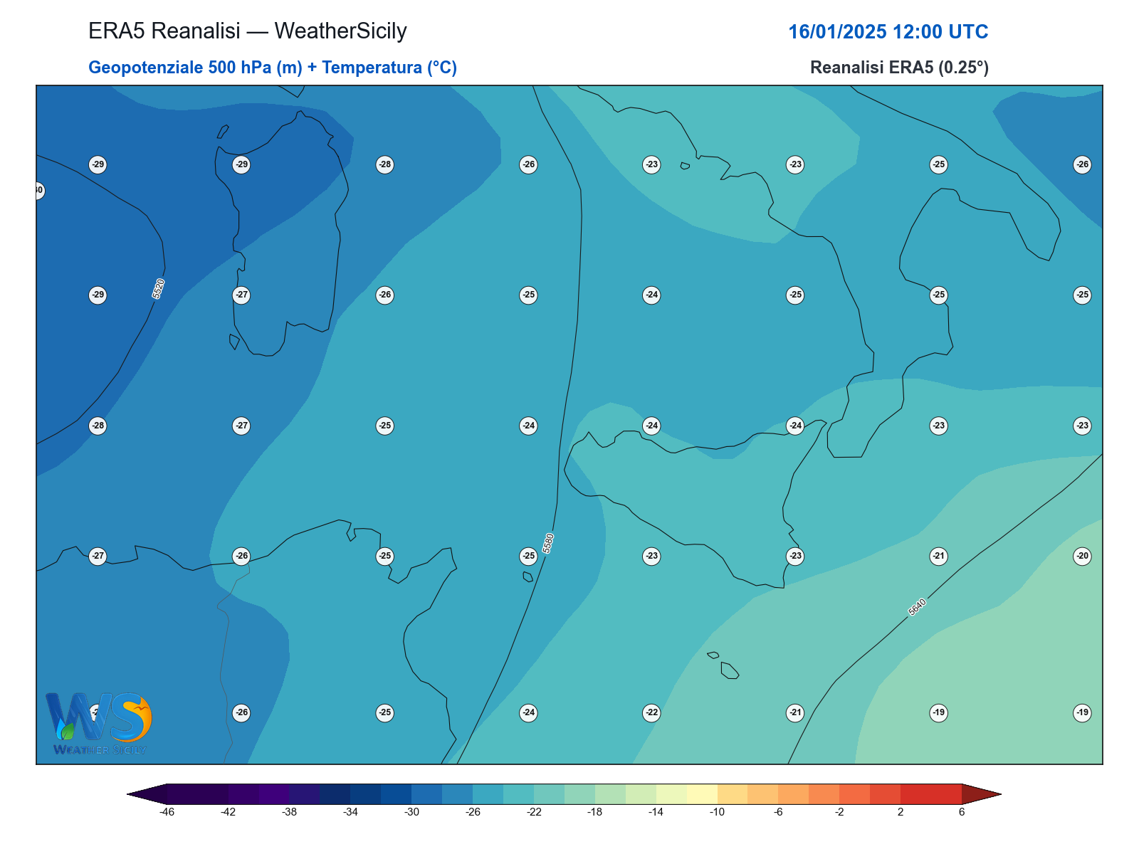 Geopotenziale 500 hPa + Temperatura · 2025011612