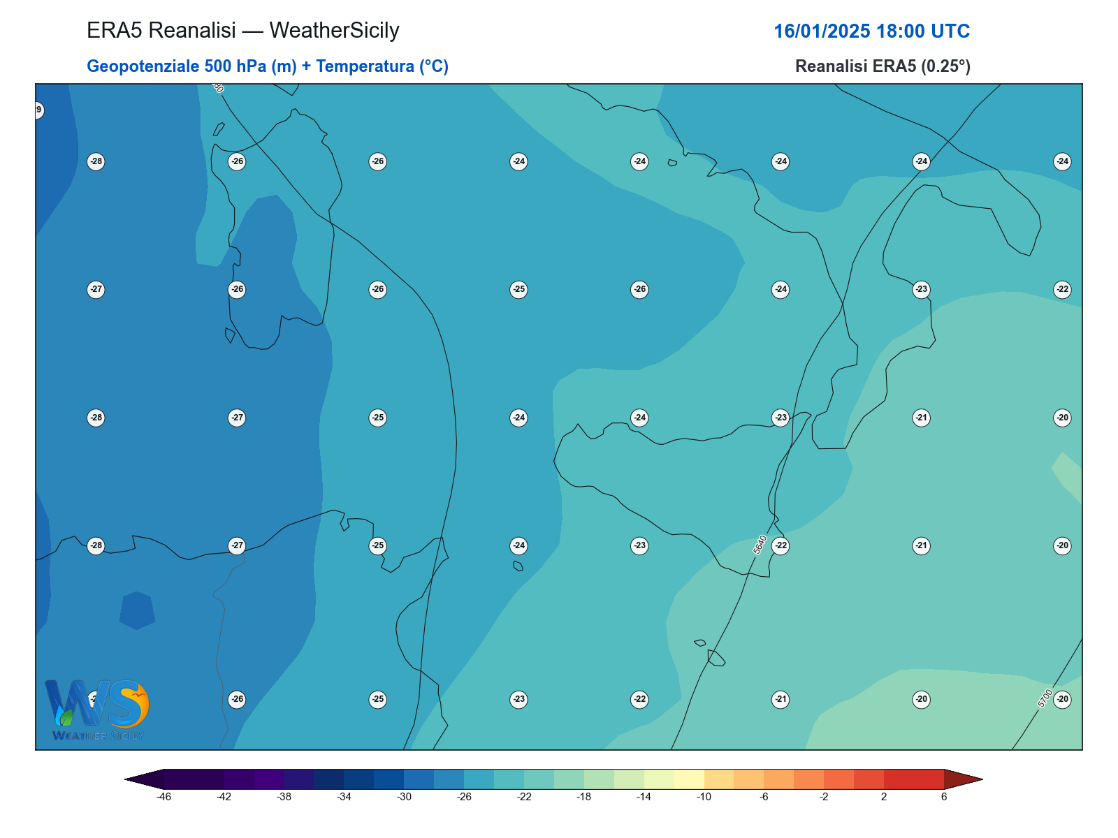 Geopotenziale 500 hPa + Temperatura · 2025011618