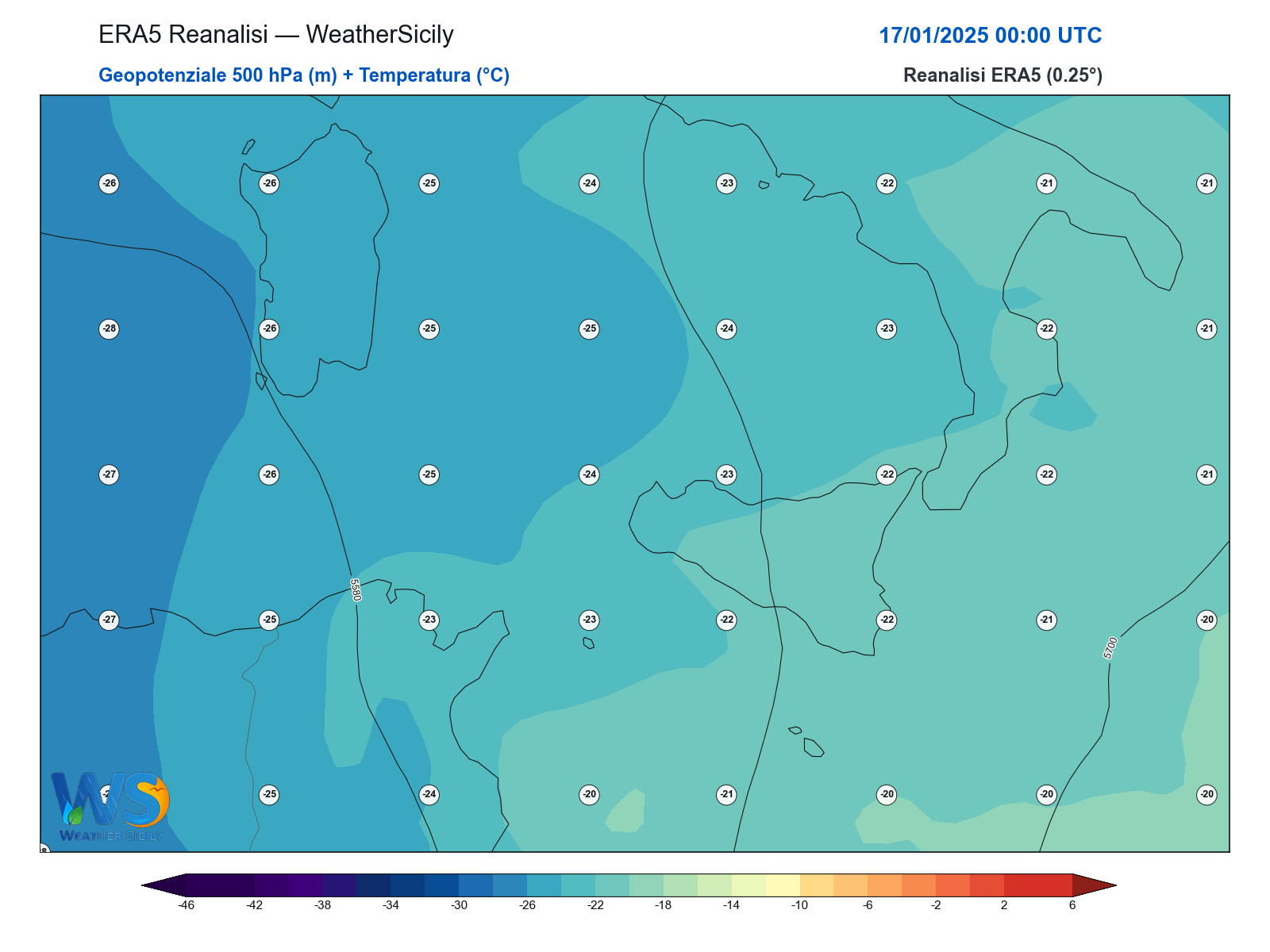 Geopotenziale 500 hPa + Temperatura · 2025011700