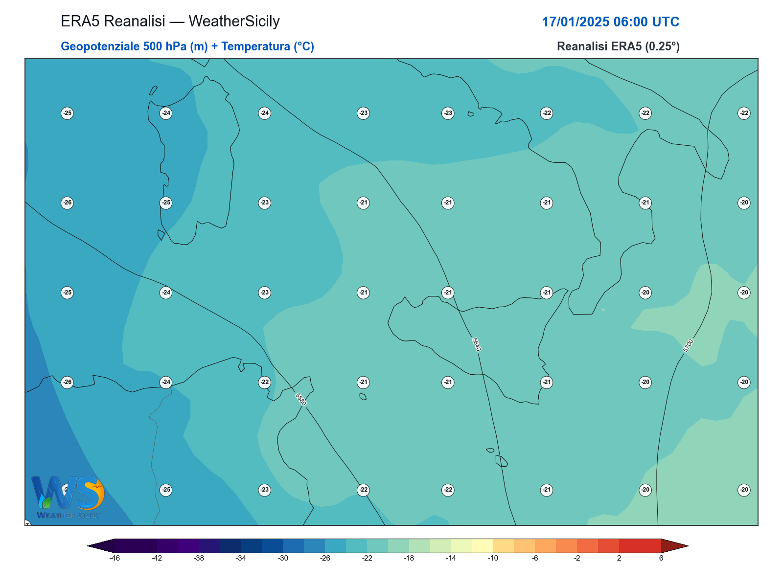 Geopotenziale 500 hPa + Temperatura · 2025011706