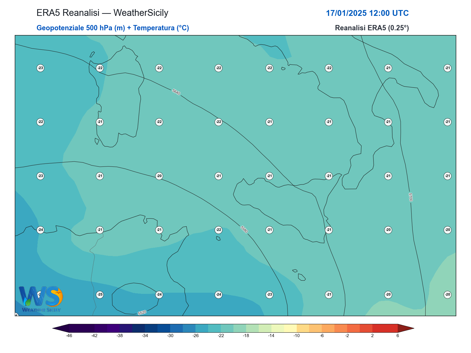 Geopotenziale 500 hPa + Temperatura · 2025011712
