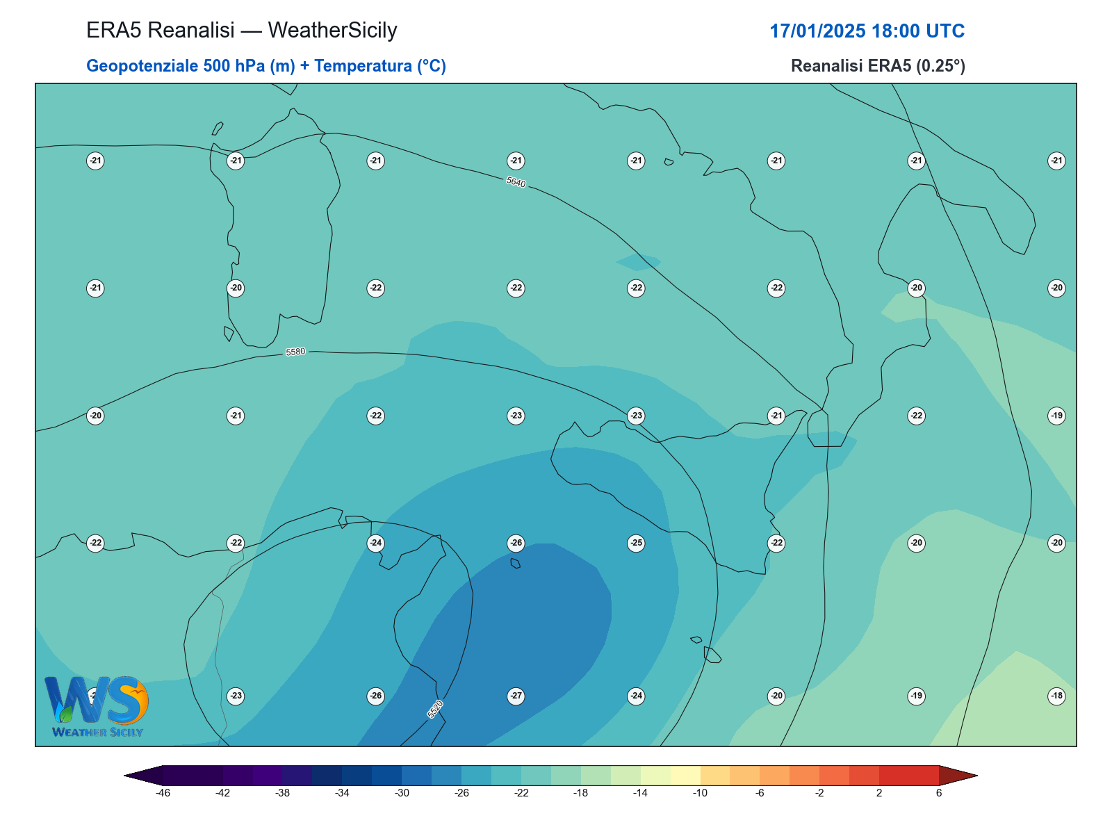Geopotenziale 500 hPa + Temperatura · 2025011718