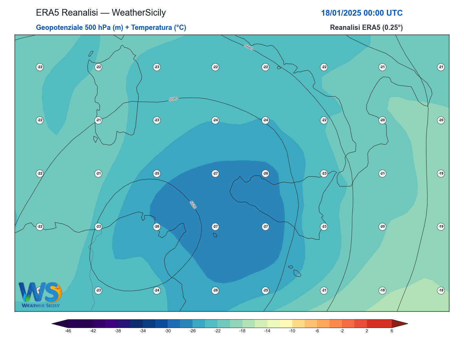 Geopotenziale 500 hPa + Temperatura · 2025011800
