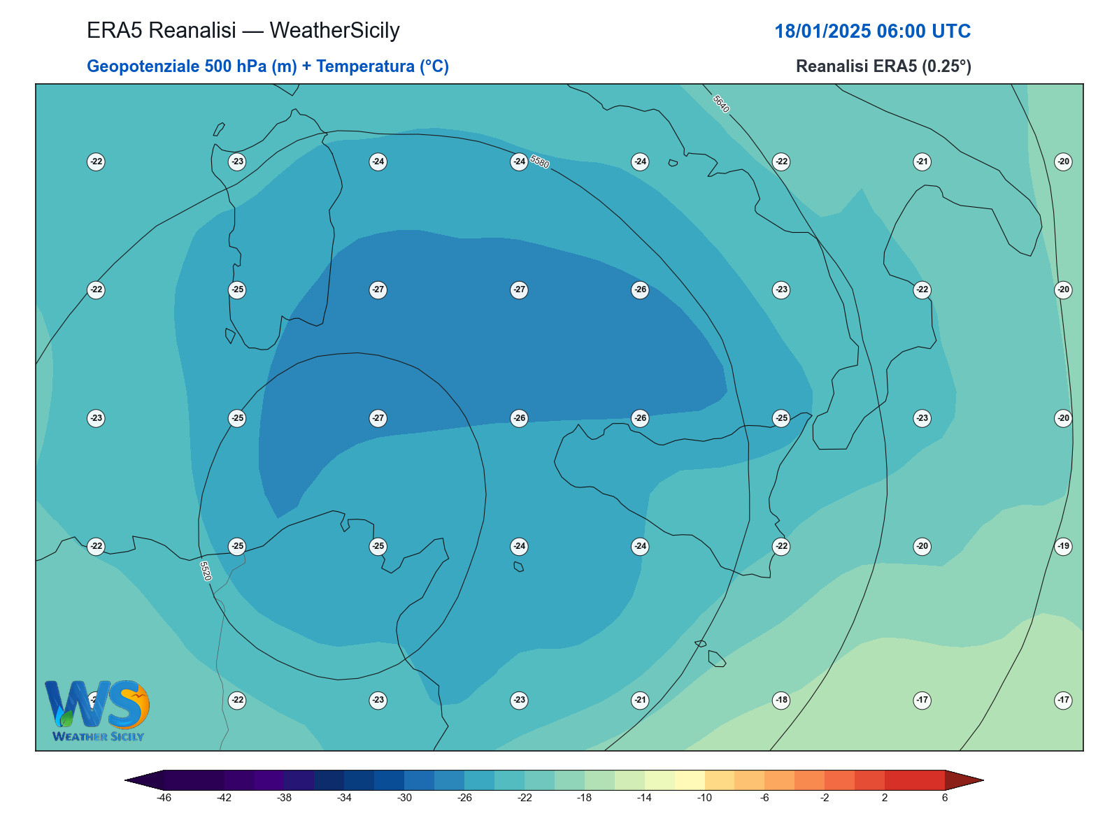 Geopotenziale 500 hPa + Temperatura · 2025011806