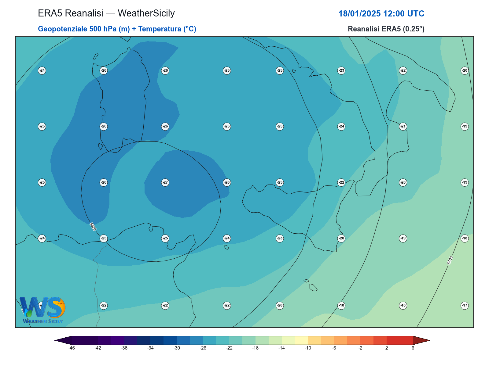Geopotenziale 500 hPa + Temperatura · 2025011812