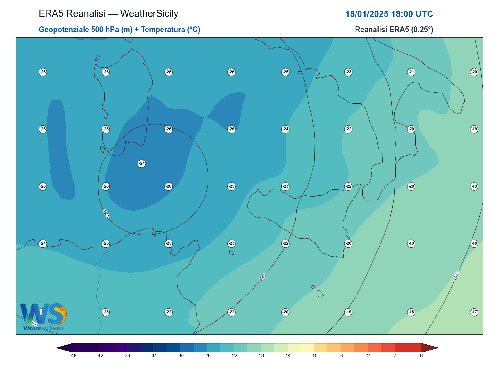 Geopotenziale 500 hPa + Temperatura · 2025011818