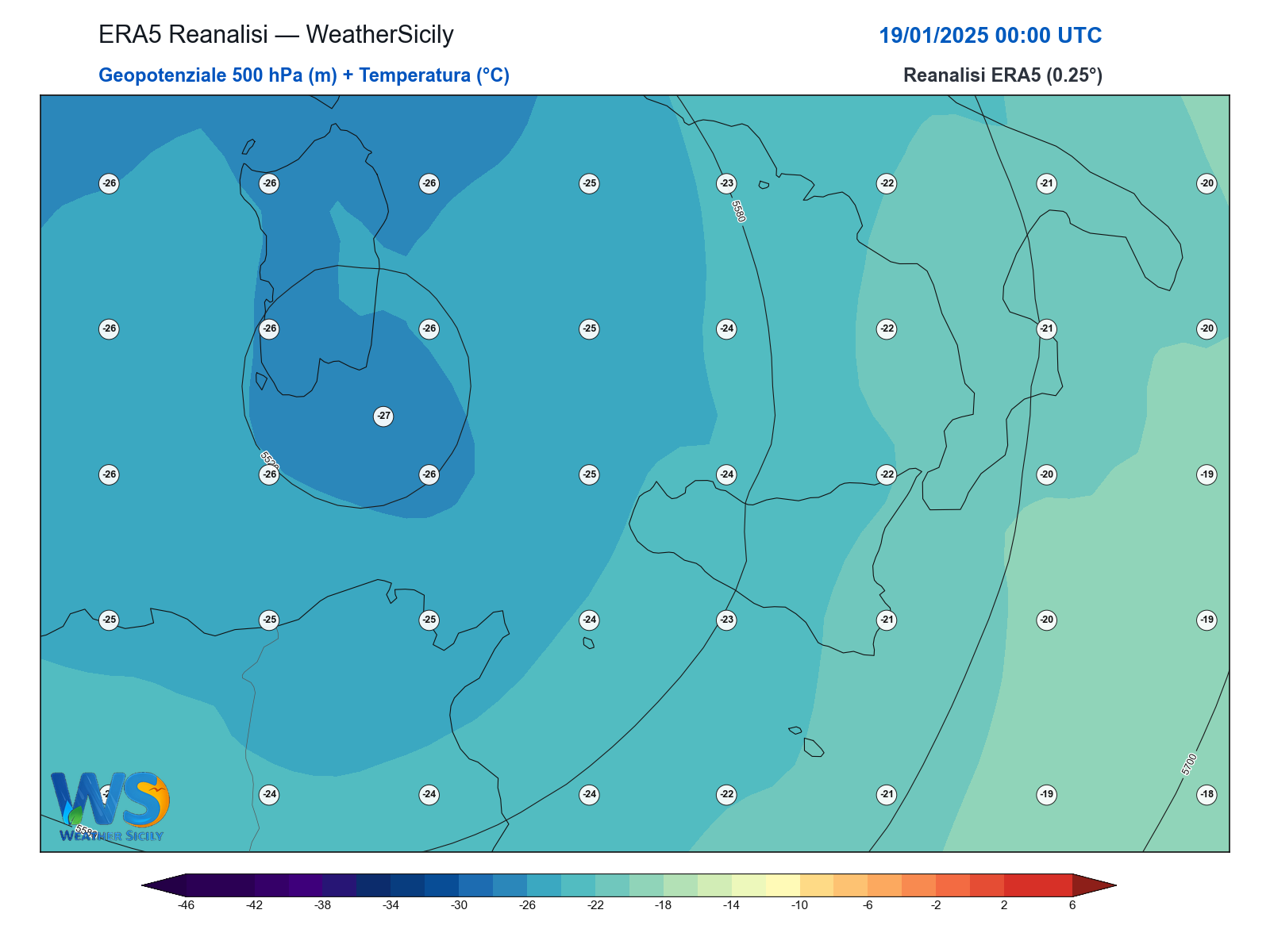 Geopotenziale 500 hPa + Temperatura · 2025011900