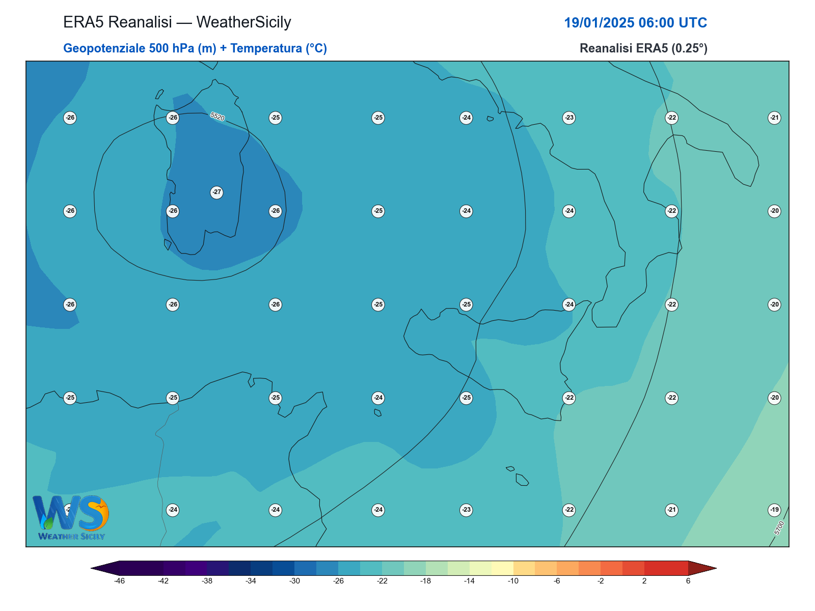 Geopotenziale 500 hPa + Temperatura · 2025011906