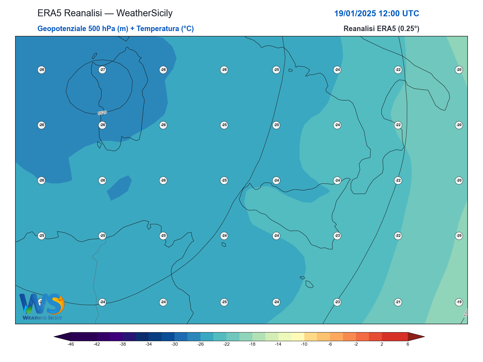 Geopotenziale 500 hPa + Temperatura · 2025011912