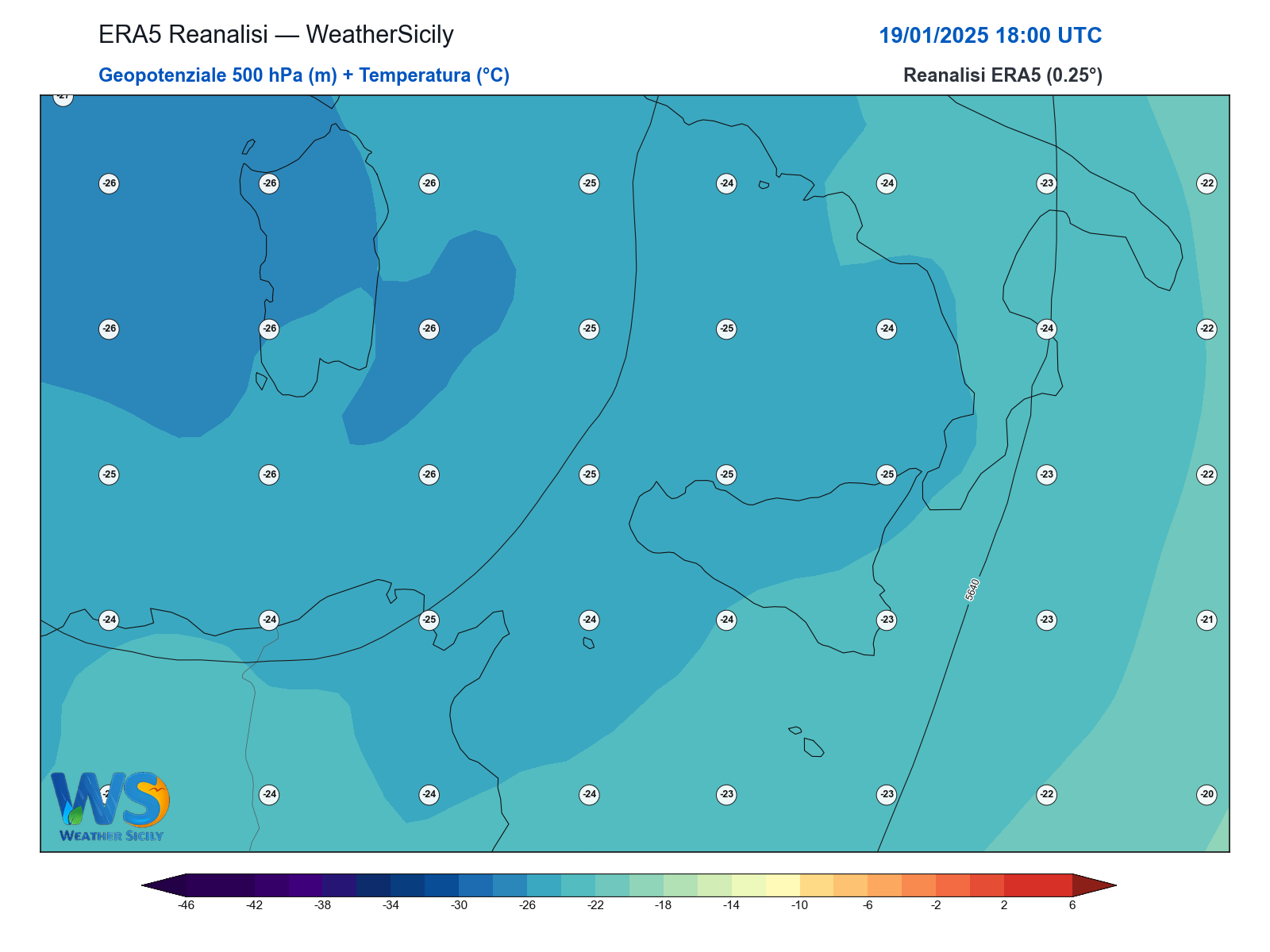 Geopotenziale 500 hPa + Temperatura · 2025011918