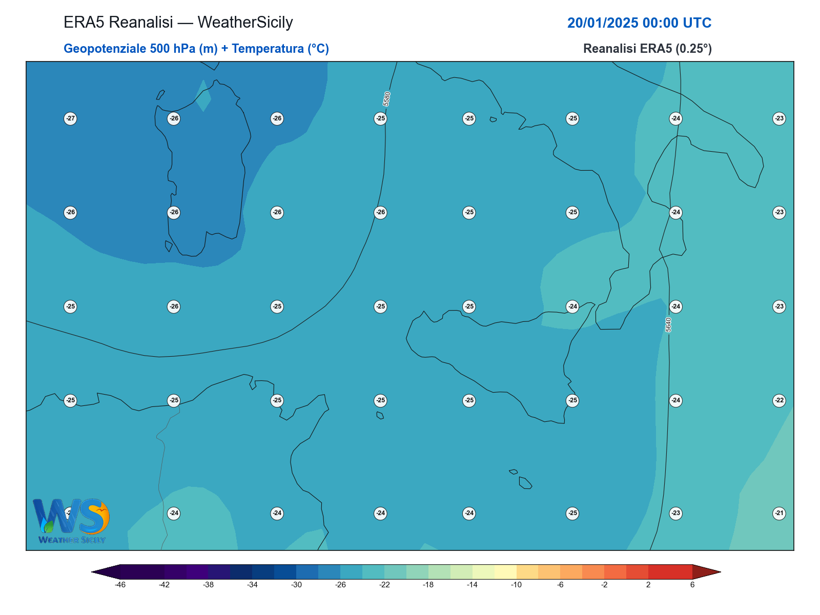 Geopotenziale 500 hPa + Temperatura · 2025012000