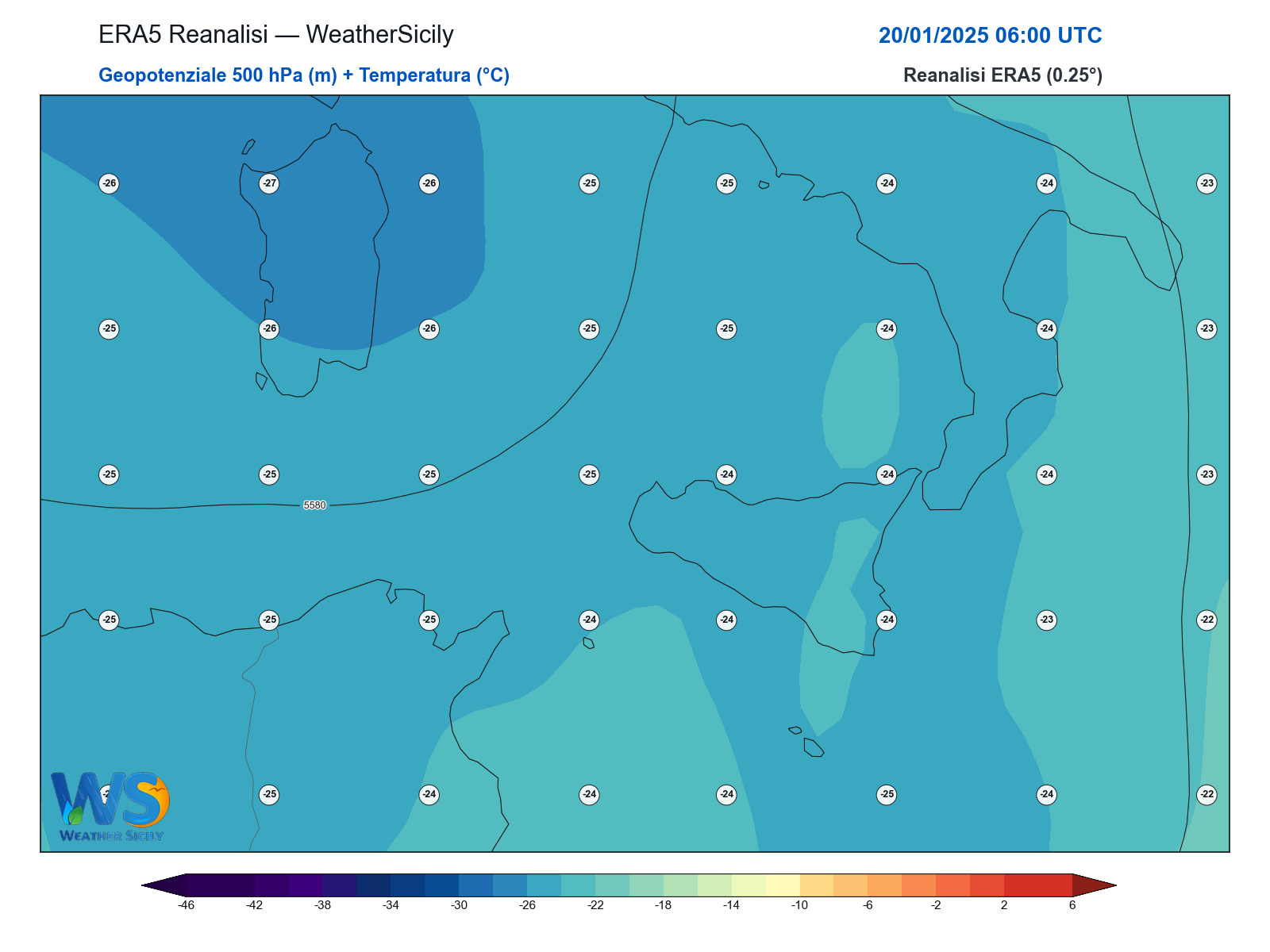 Geopotenziale 500 hPa + Temperatura · 2025012006