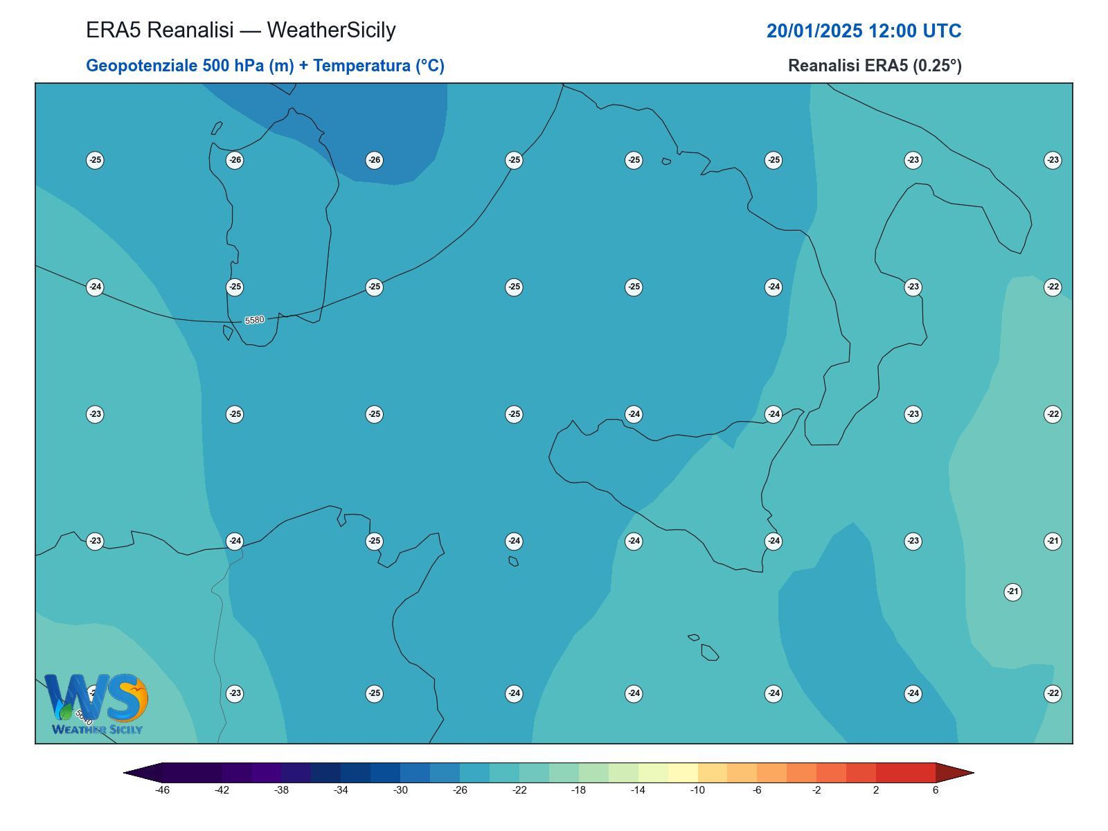 Geopotenziale 500 hPa + Temperatura · 2025012012