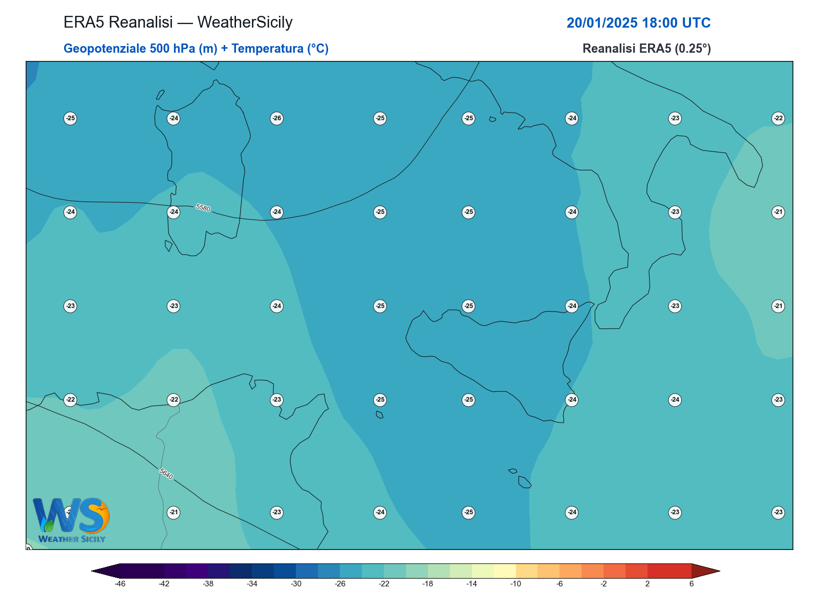 Geopotenziale 500 hPa + Temperatura · 2025012018