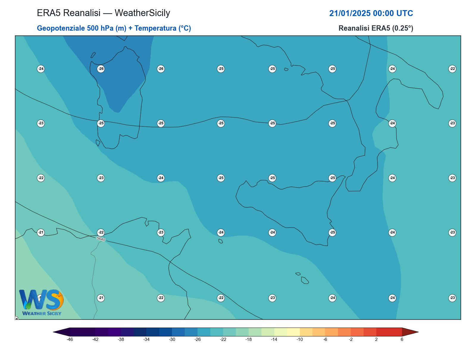 Geopotenziale 500 hPa + Temperatura · 2025012100