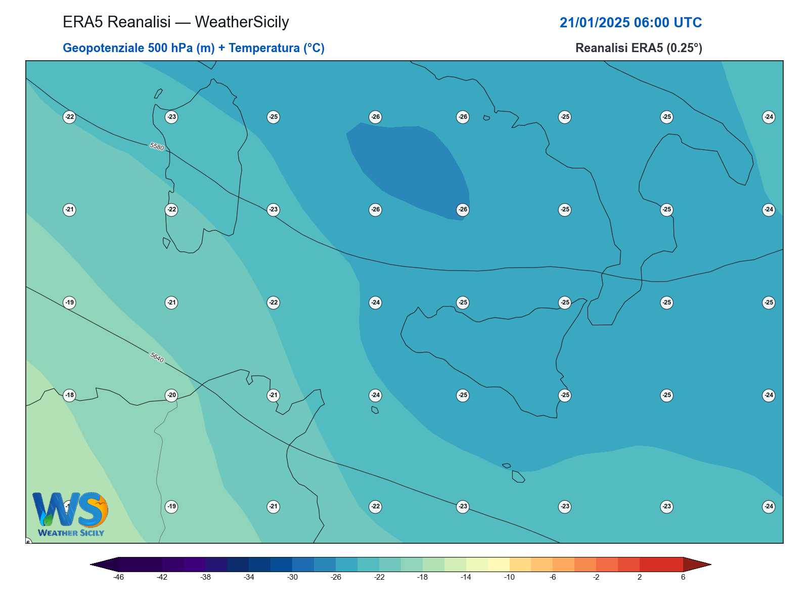 Geopotenziale 500 hPa + Temperatura · 2025012106