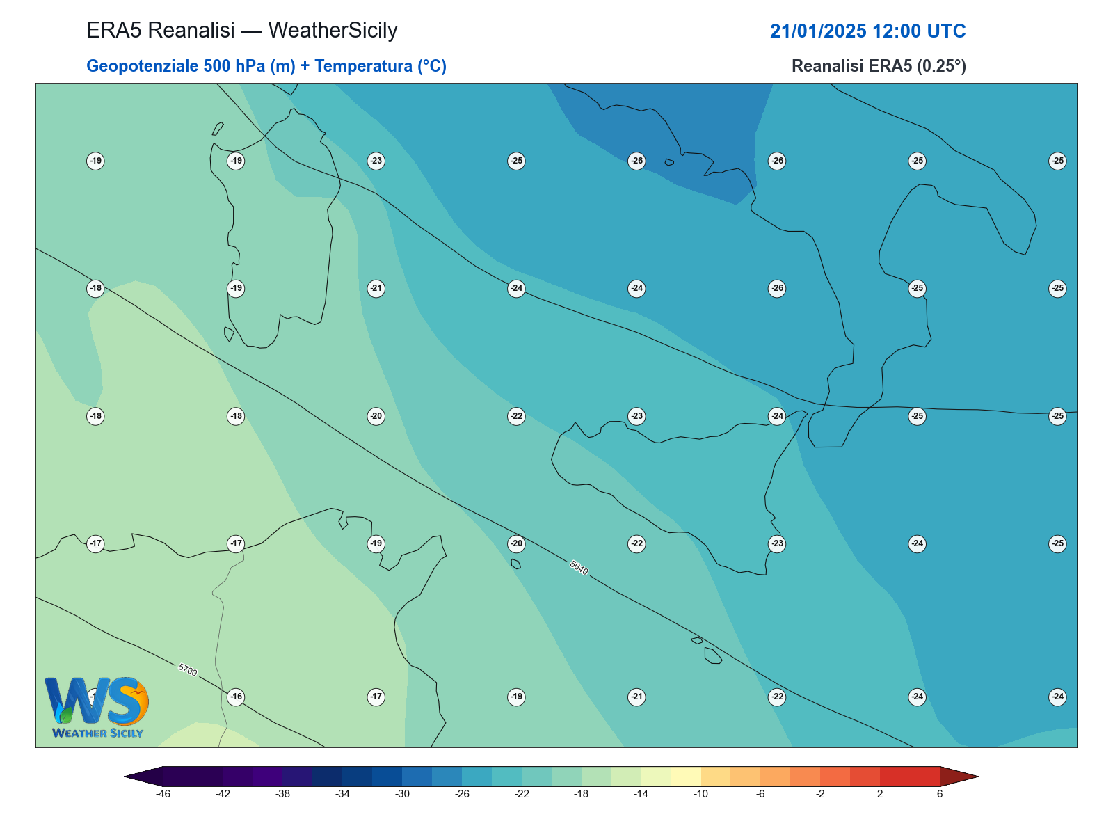 Geopotenziale 500 hPa + Temperatura · 2025012112