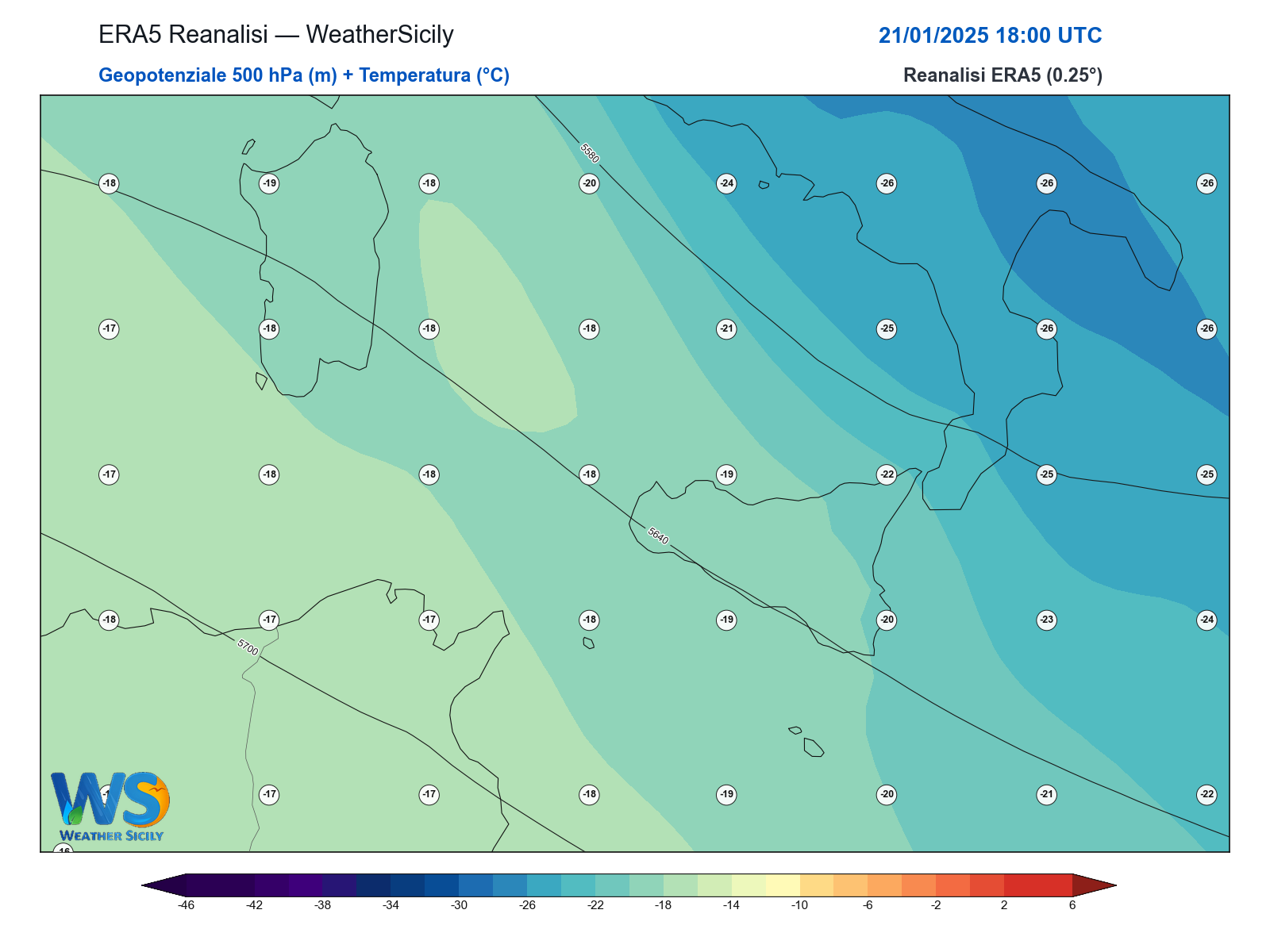 Geopotenziale 500 hPa + Temperatura · 2025012118