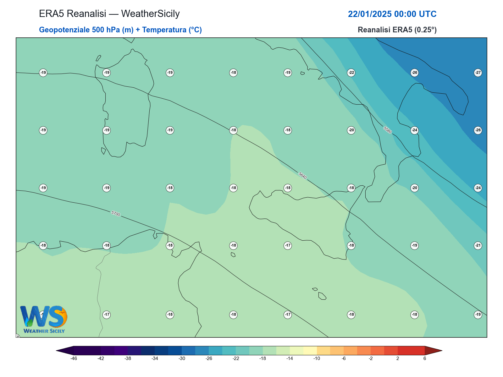 Geopotenziale 500 hPa + Temperatura · 2025012200