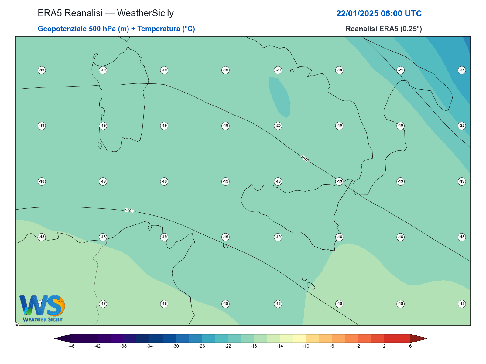 Geopotenziale 500 hPa + Temperatura · 2025012206