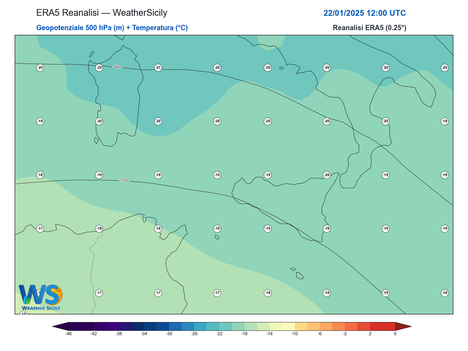 Geopotenziale 500 hPa + Temperatura · 2025012212