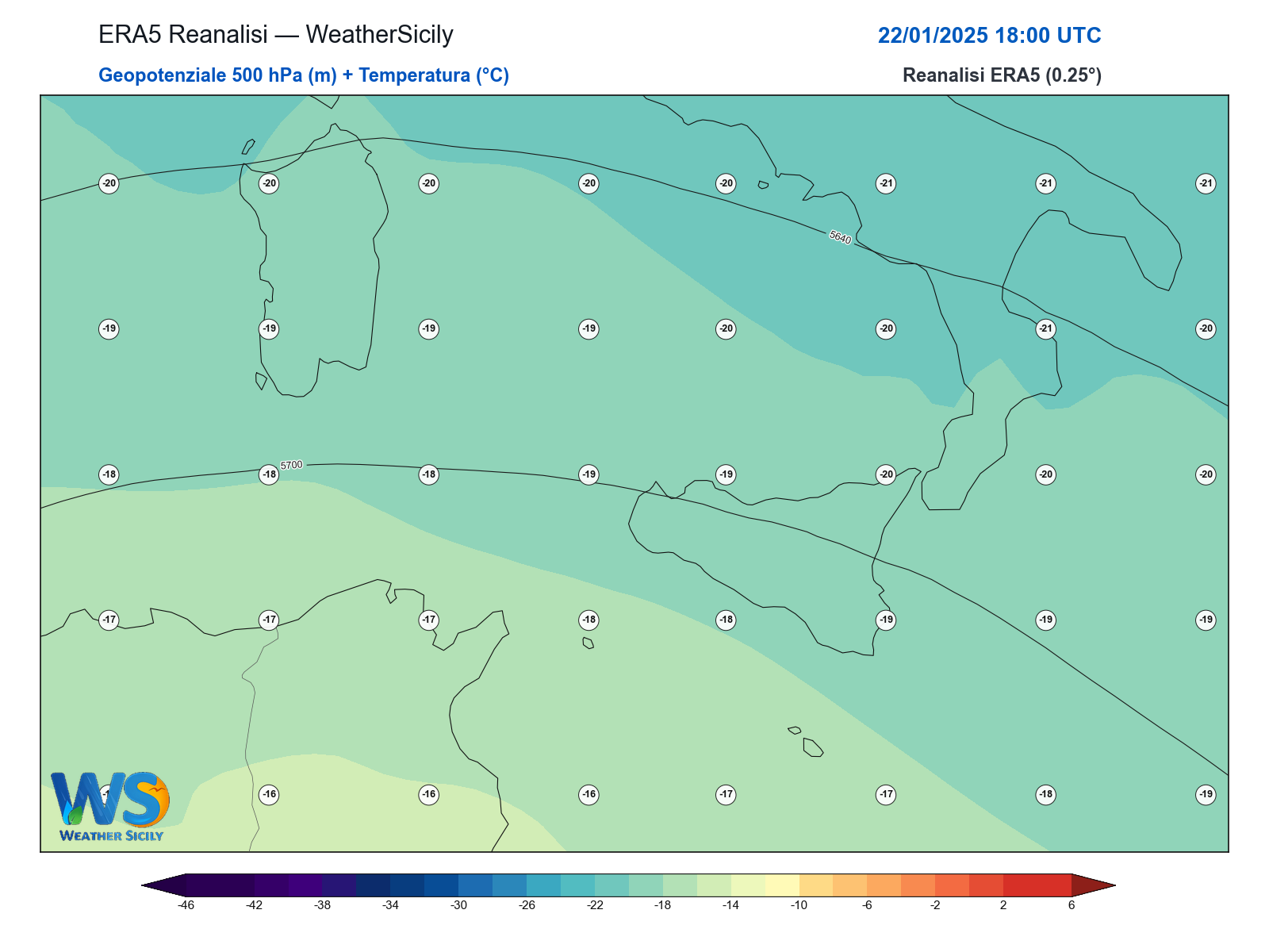 Geopotenziale 500 hPa + Temperatura · 2025012218