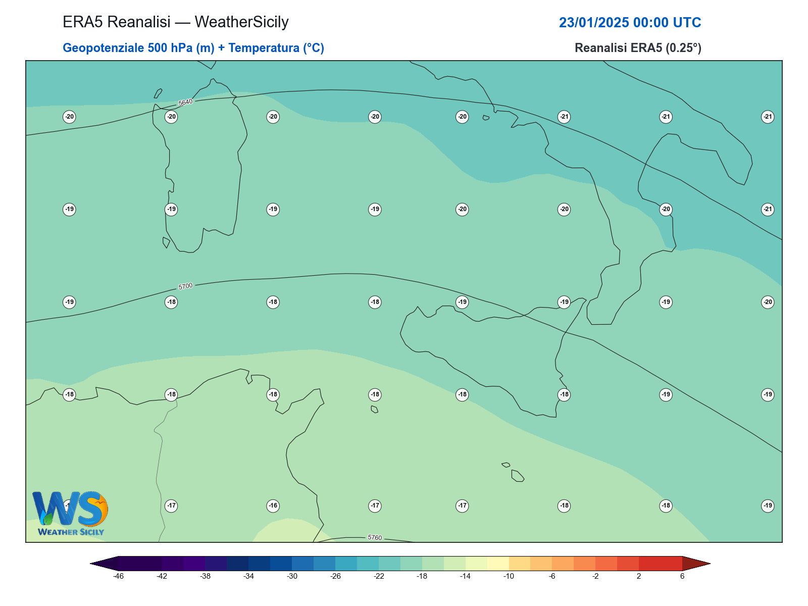 Geopotenziale 500 hPa + Temperatura · 2025012300