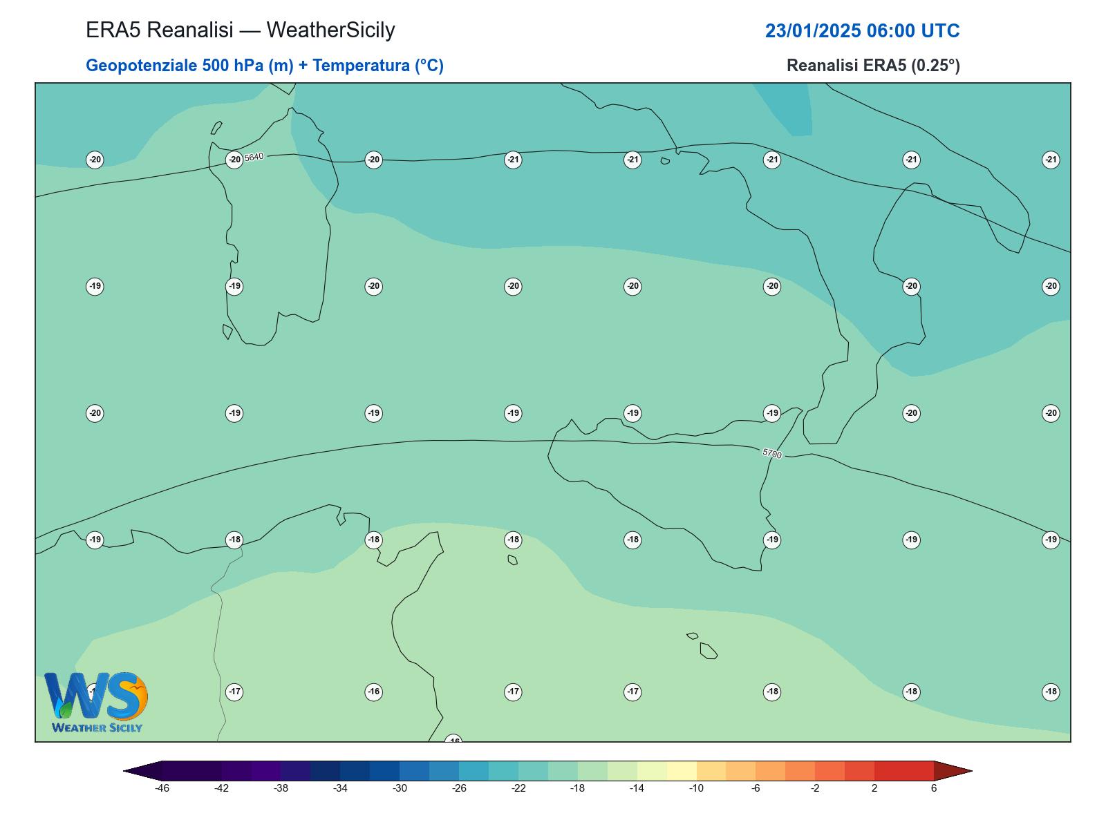 Geopotenziale 500 hPa + Temperatura · 2025012306
