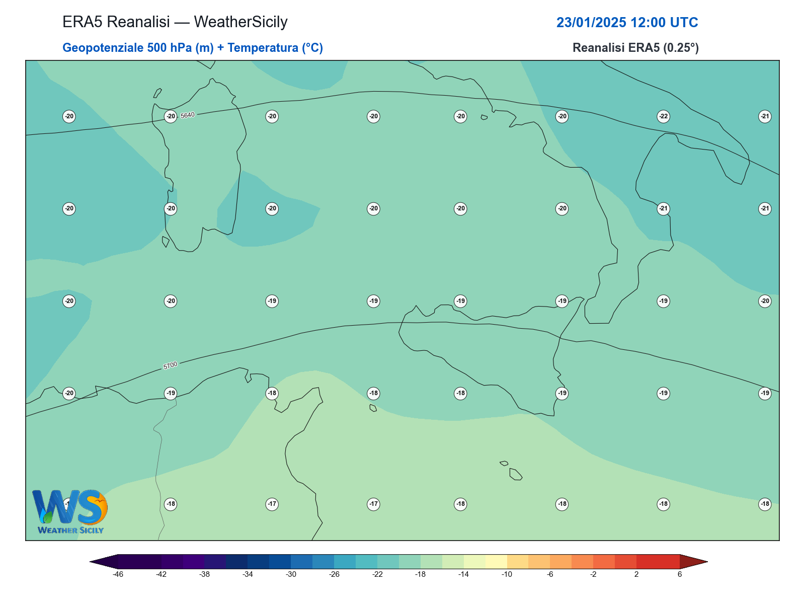Geopotenziale 500 hPa + Temperatura · 2025012312