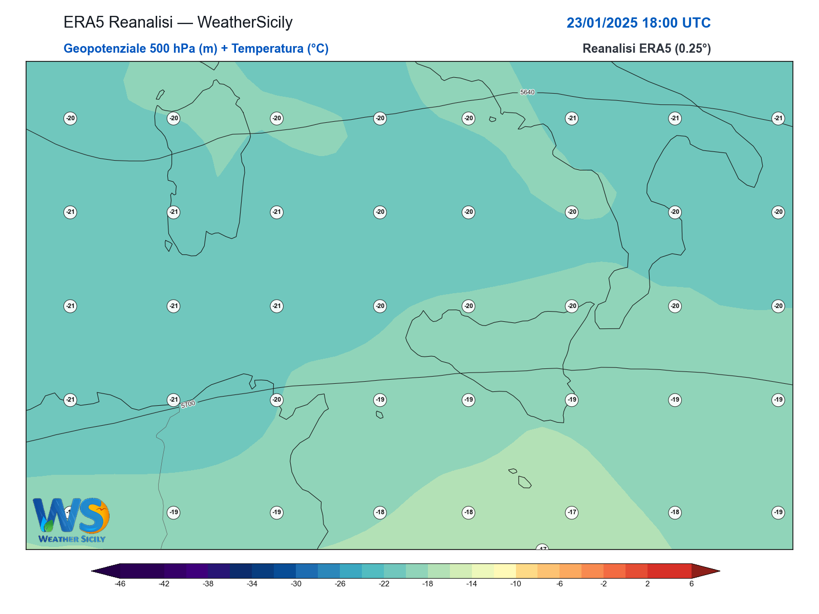Geopotenziale 500 hPa + Temperatura · 2025012318